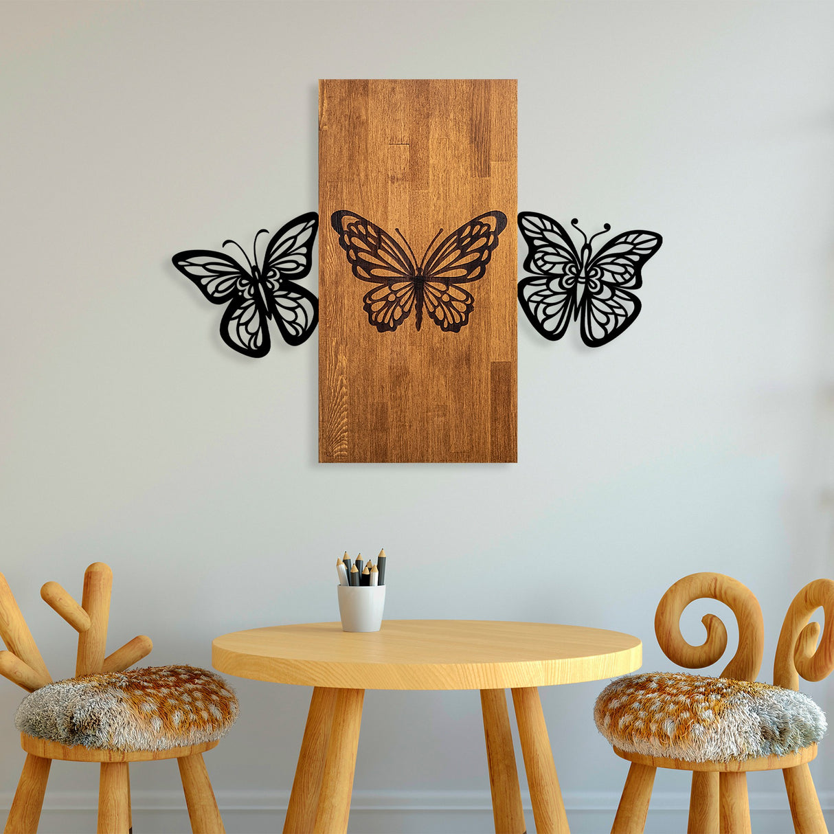 Decorațiune de perete din lemn Butterflies 2, Nuc - Negru, 74x58x3 cm