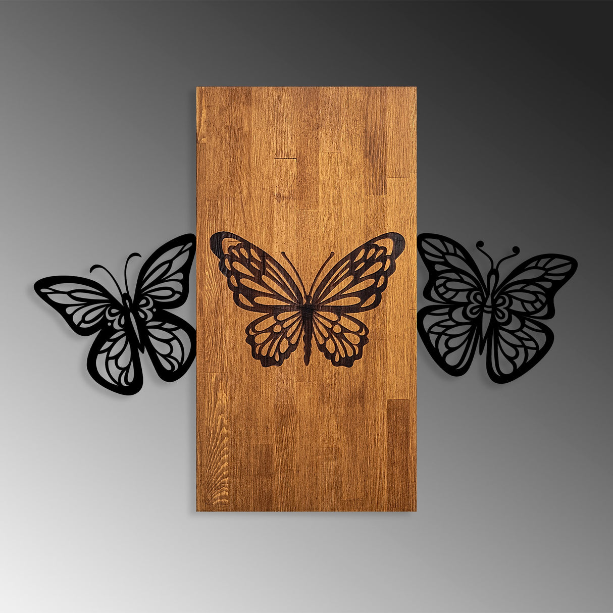 Decorațiune de perete din lemn Butterflies 2, Nuc - Negru, 74x58x3 cm