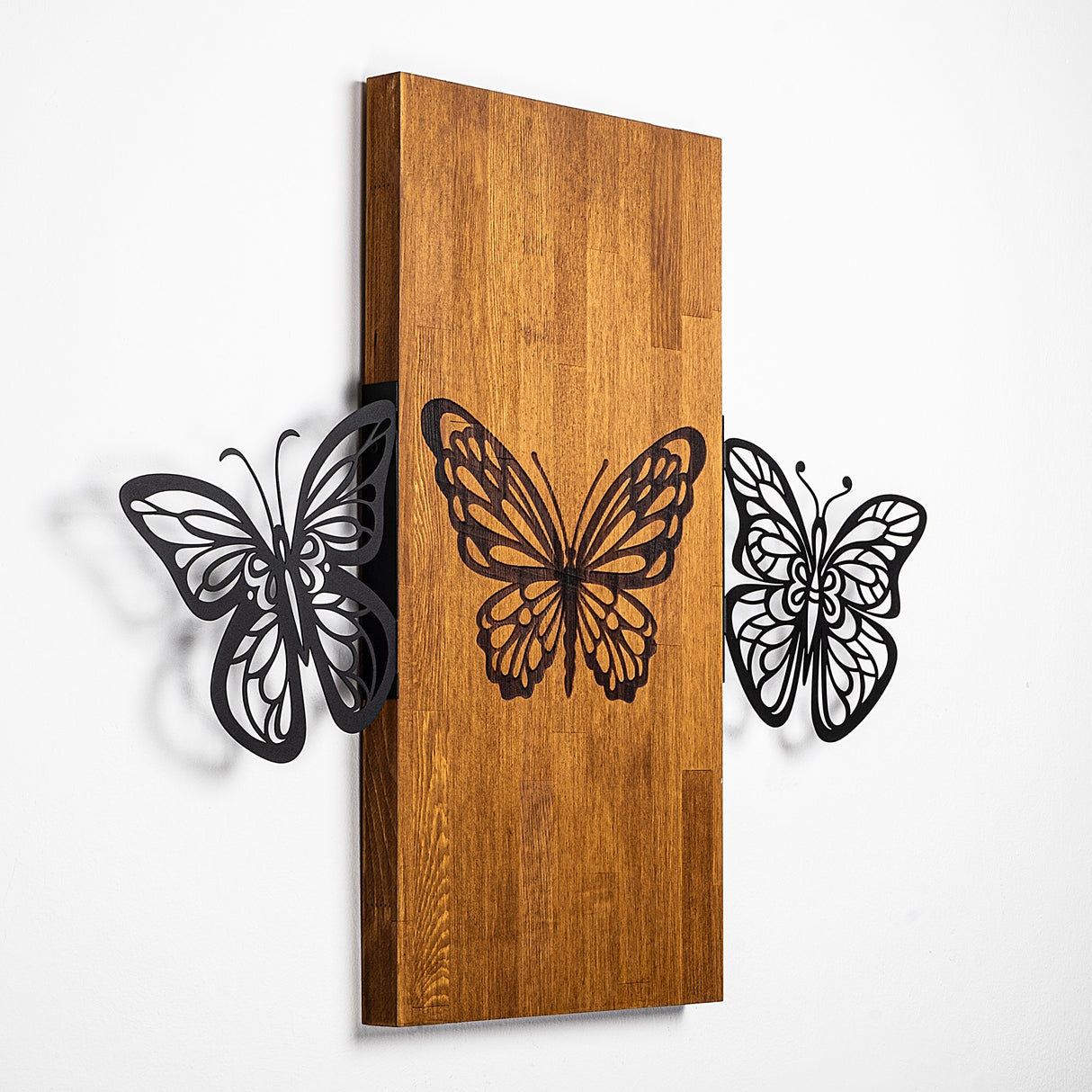 Decorațiune de perete din lemn Butterflies 2, Nuc - Negru, 74x58x3 cm