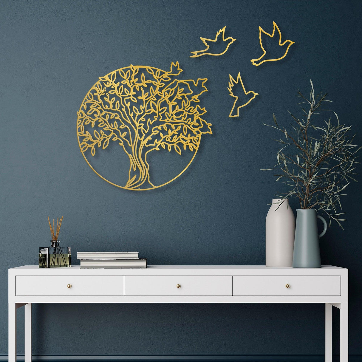 Decoratiune de perete Metal Tree And Birds_3, Negru, 56x1x61 cm - Auriu, SKU 891TNL2353