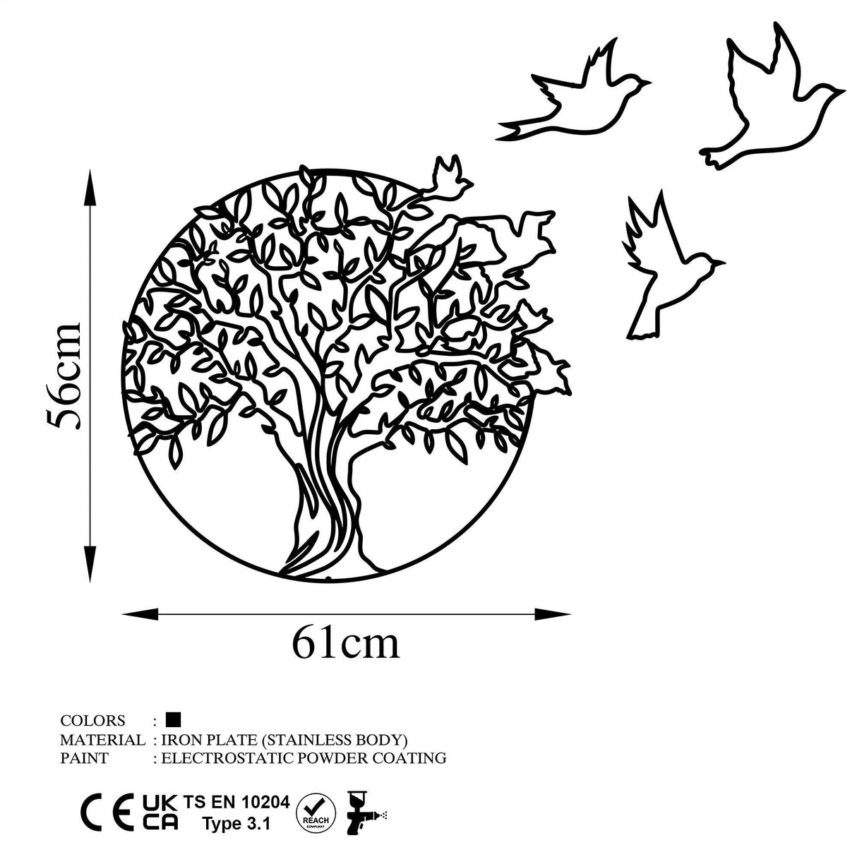 Decoratiune de perete Metal Tree And Birds_3, Negru, 56x1x61 cm - Negru, SKU 891TNL2353