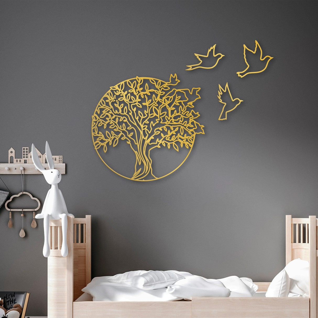Decoratiune de perete Metal Tree And Birds_3, Negru, 56x1x61 cm - Auriu, SKU 891TNL2353