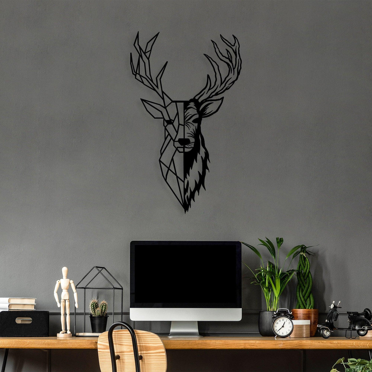 Accesoriu metal decorativ de perete Red Deer 2, Negru, 42x70x0.15 cm