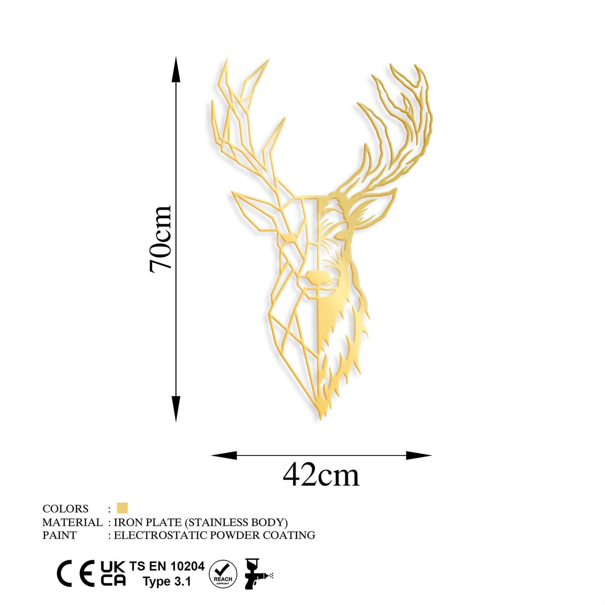Decoratiune de perete Metal Red Deer 3, Aur, 70x1x42 cm