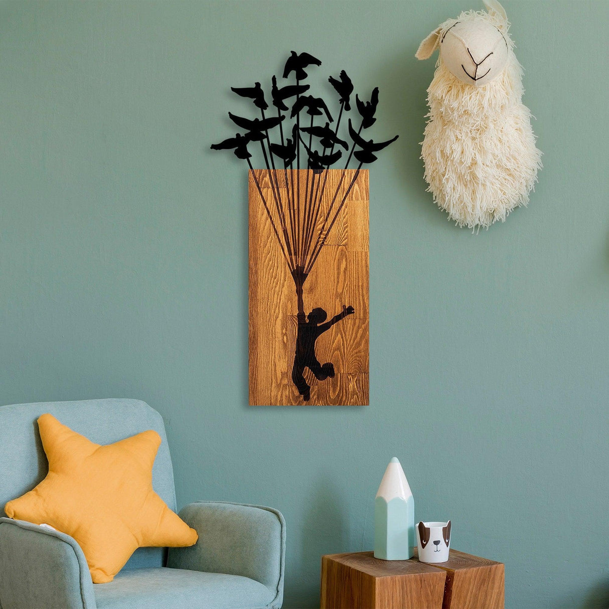 Decoratiune de perete lemn Flying Boy 1, Nuc, 86x3x45 cm
