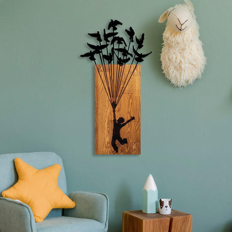 Decoratiune de perete lemn Flying Boy 1, Nuc, 86x3x45 cm