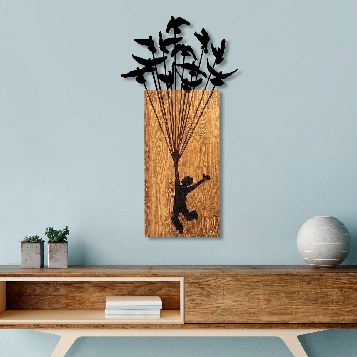 Decoratiune de perete lemn Flying Boy 1, Nuc, 86x3x45 cm