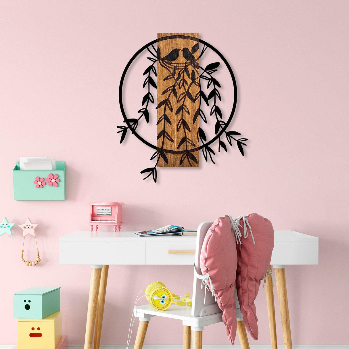 Decoratiune de perete lemn Bird Nest - 1, Nuc, 56x1x56 cm
