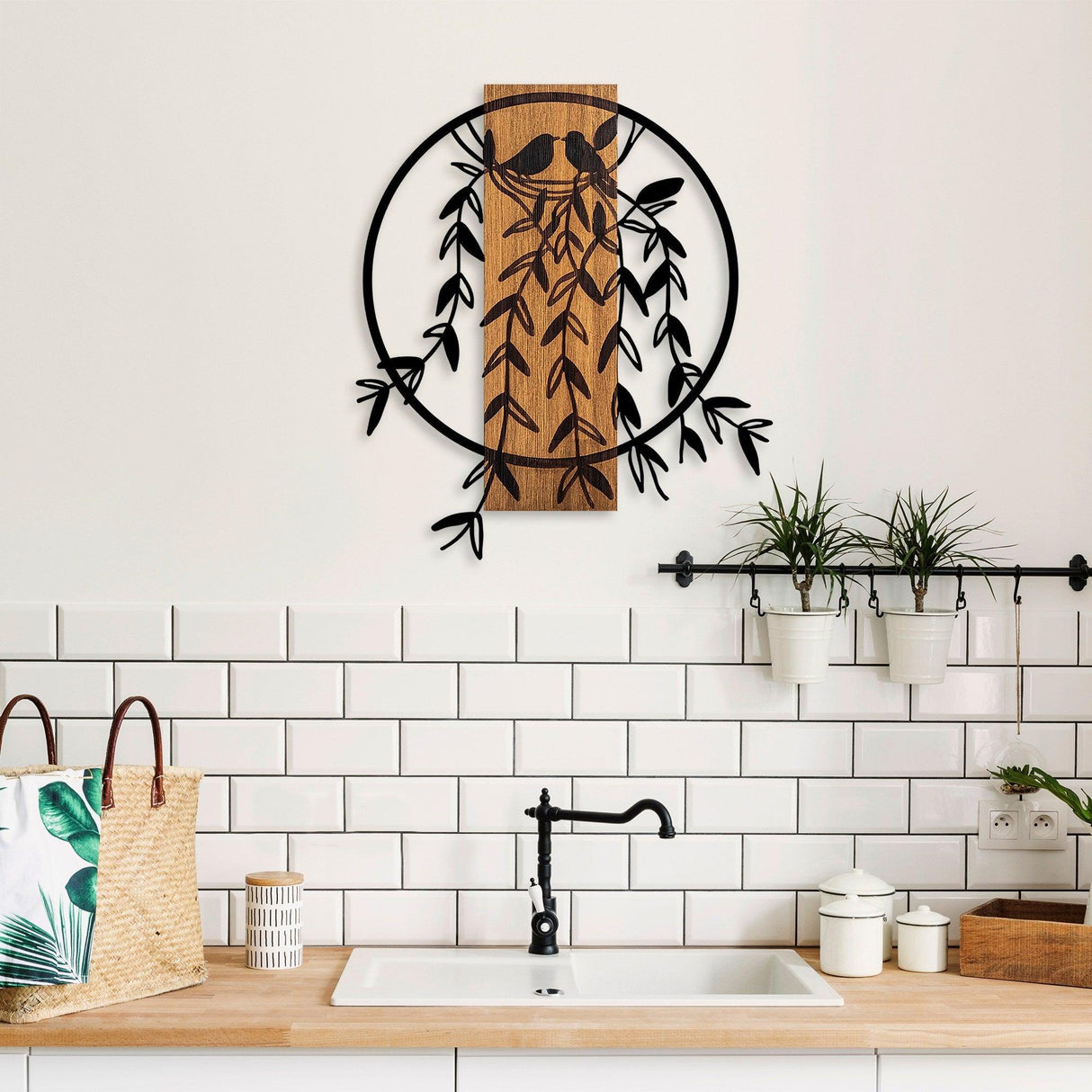 Decoratiune de perete lemn Bird Nest - 1, Nuc, 56x1x56 cm