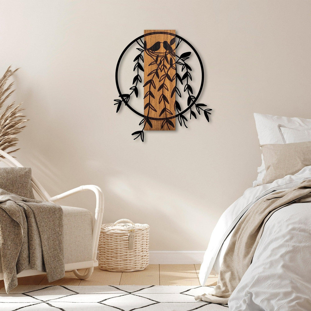 Decoratiune de perete lemn Bird Nest - 1, Nuc, 56x1x56 cm