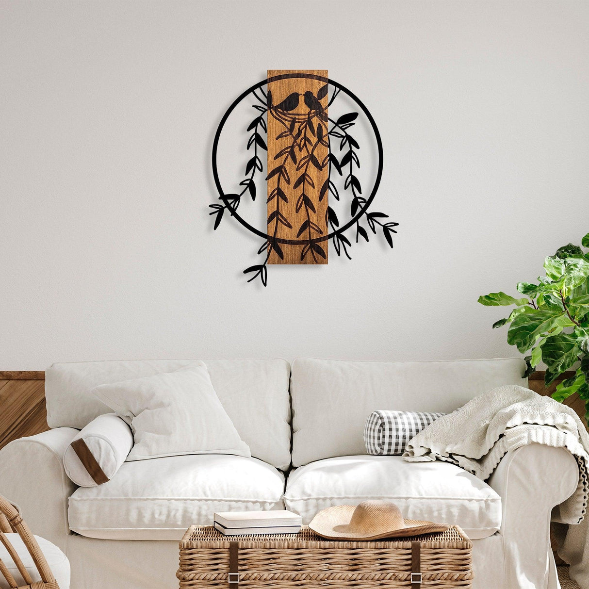 Decoratiune de perete lemn Bird Nest - 1, Nuc, 56x1x56 cm