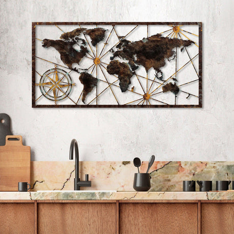 Decoratiune de perete Metal World Map Large - 1, Multicolor, 120x1x60 cm