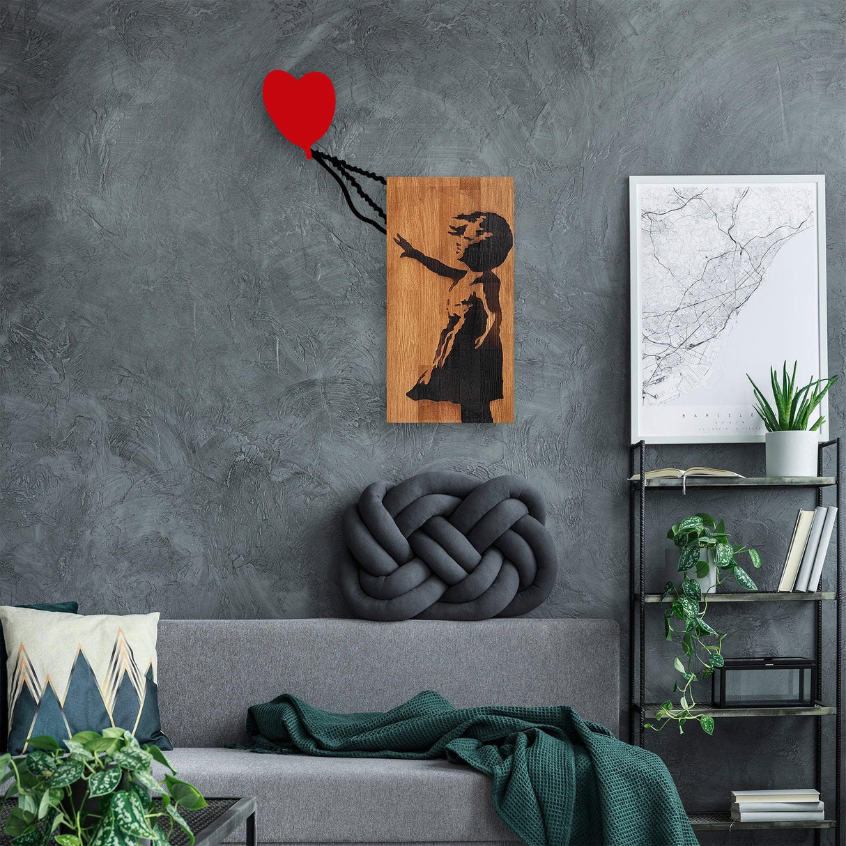 Decoratiune de perete lemn Banksy - 15, Nuc, 60x3x83 cm