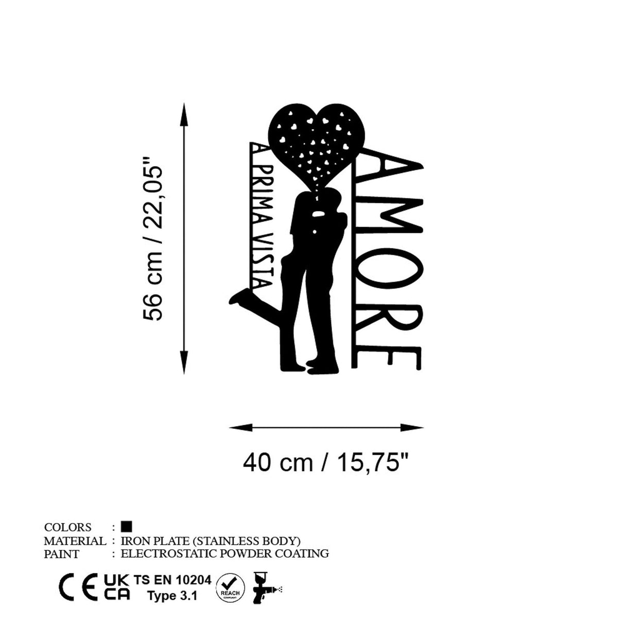 Decoratiune de perete Metal Amore Prima Vista 3, Negru, 40x56 cm
