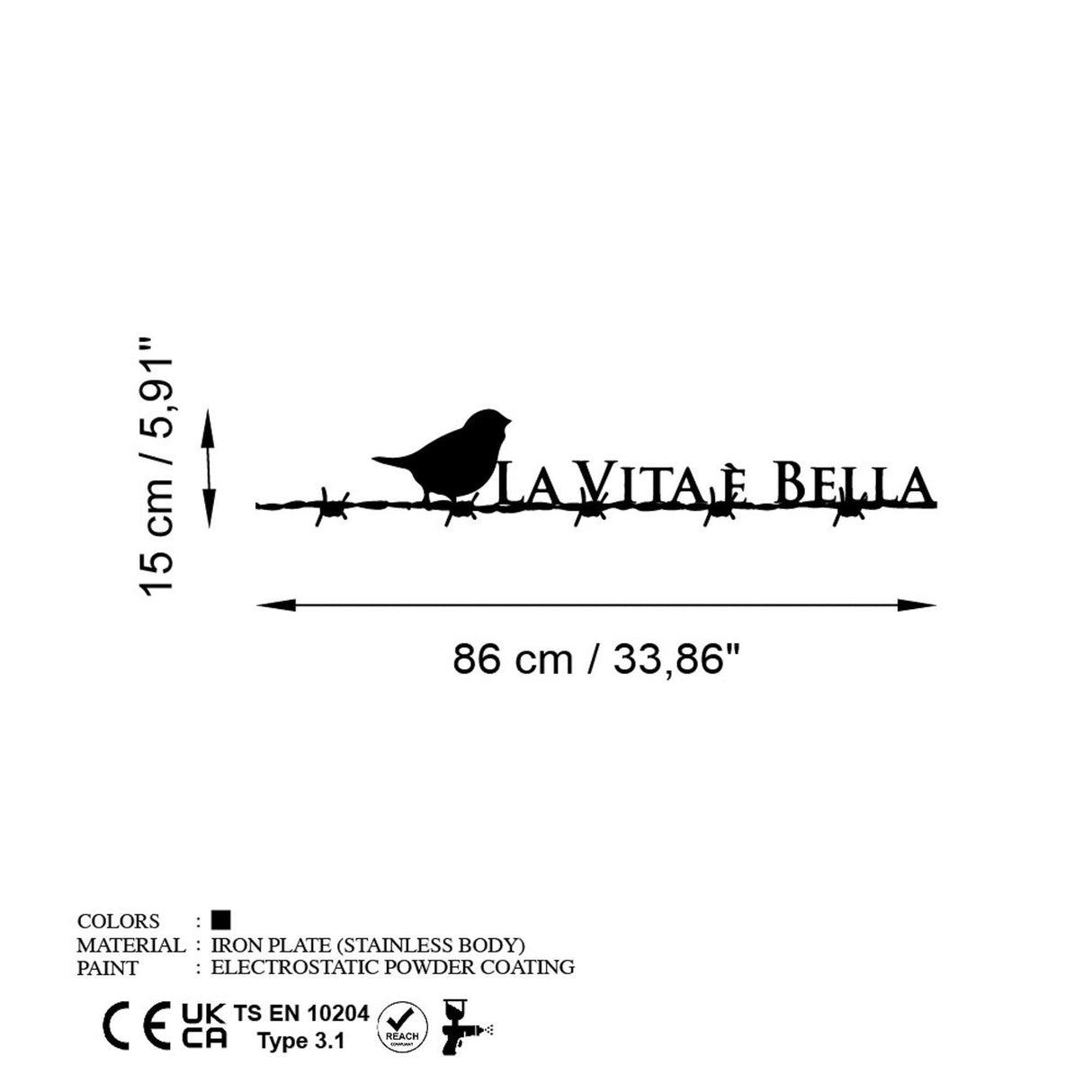 Decoratiune de perete Metal Vita E Bella 4, Negru, 86x15 cm