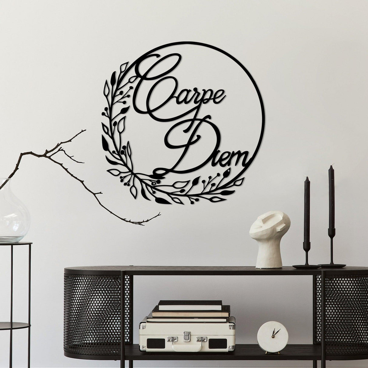 Decoratiune de perete Metal Carpe Diem 1, Negru, 56x56 cm