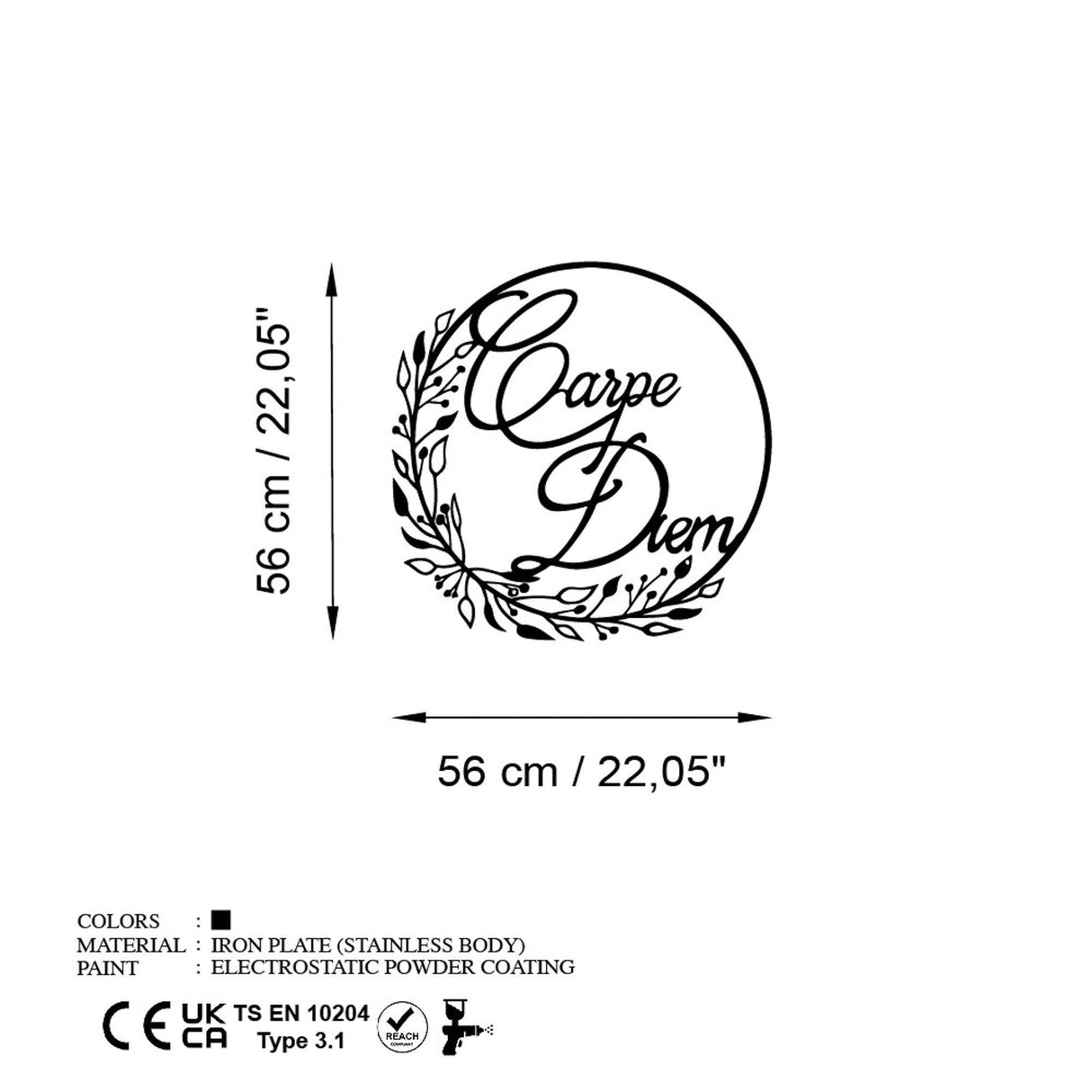 Decoratiune de perete Metal Carpe Diem 1, Negru, 56x56 cm