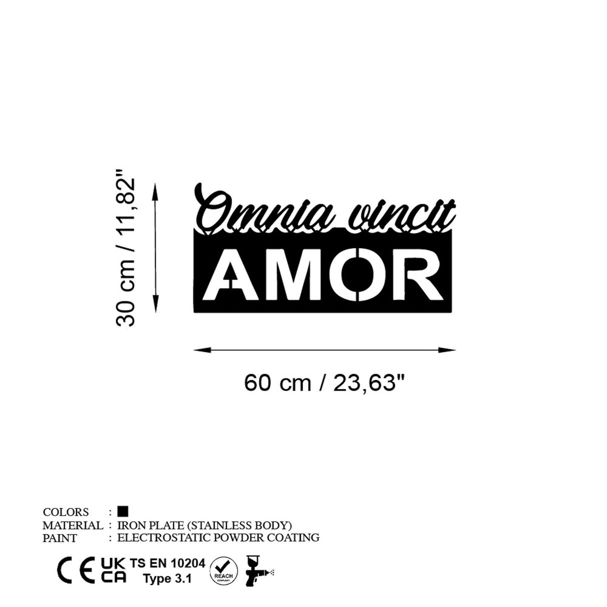 Decoratiune de perete Metal Omnia Vincit Amor 1, Negru, 60x30 cm
