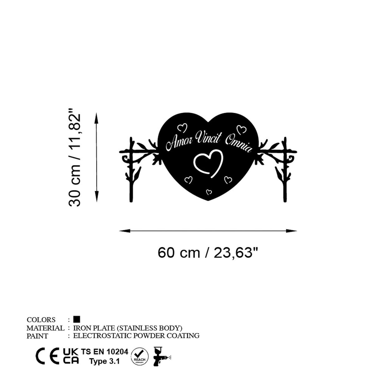 Decoratiune de perete Metal Omnia Vincit Amor 2, Negru, 60x30 cm