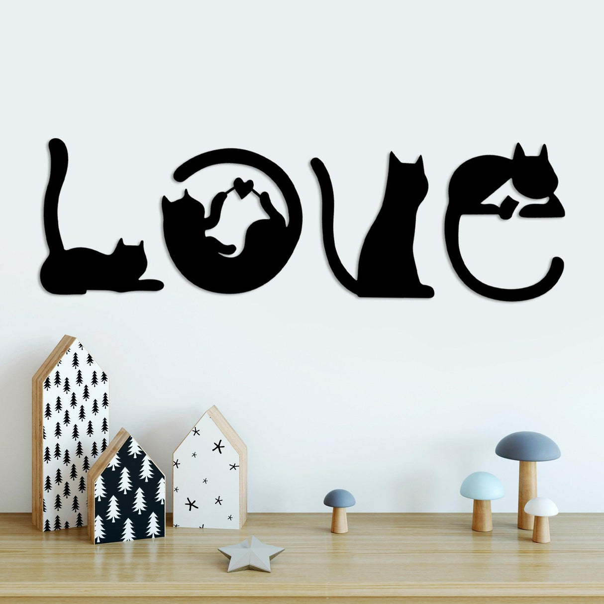 Decoratiune de perete Metal Cat 11, Negru, 60x19 cm