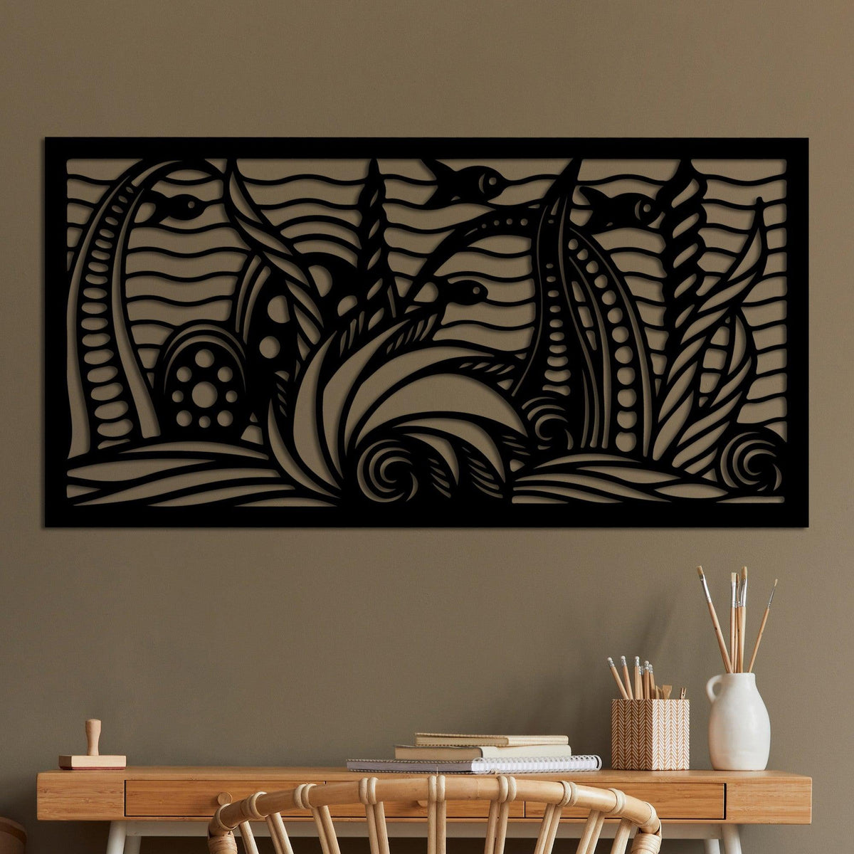 Decoratiune de perete Metal Ocean, Negru, 85x40 cm, SKU 891TNL3565