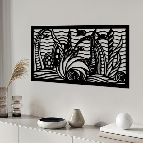 Decoratiune de perete Metal Ocean, Negru, 85x40 cm