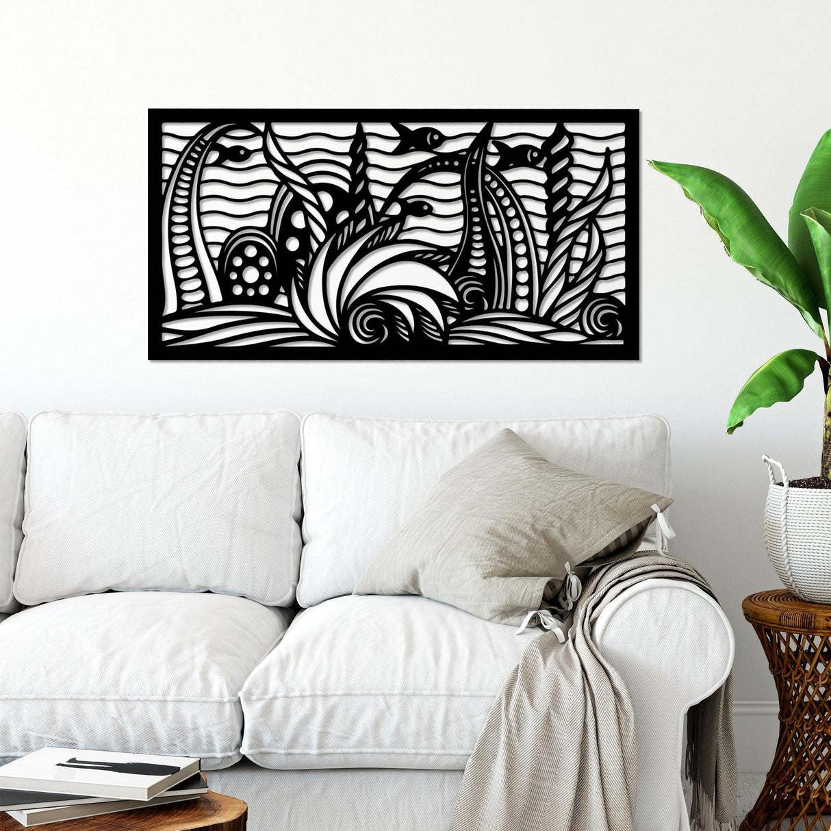 Decoratiune de perete Metal Ocean, Negru, 85x40 cm