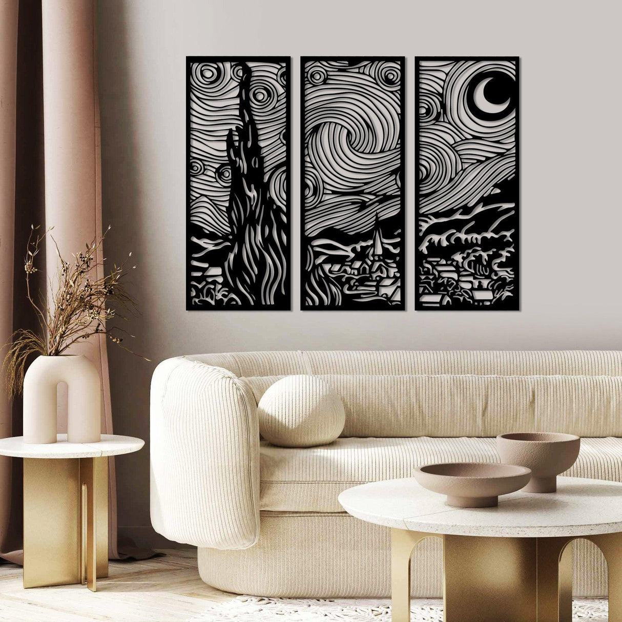 Decoratiune de perete Metal Vangogh, Negru, 3x30x73 cm