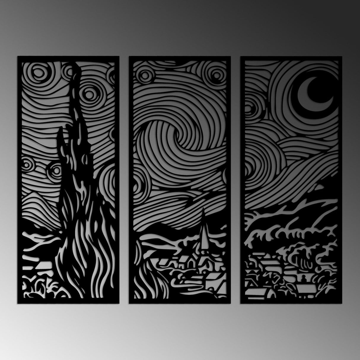 Decoratiune de perete Metal Vangogh, Negru, 3x30x73 cm