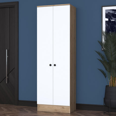 Cuier cu pantofar Mina cu 2 usi, Alb - Nuc, 60 x 183 x 38 cm