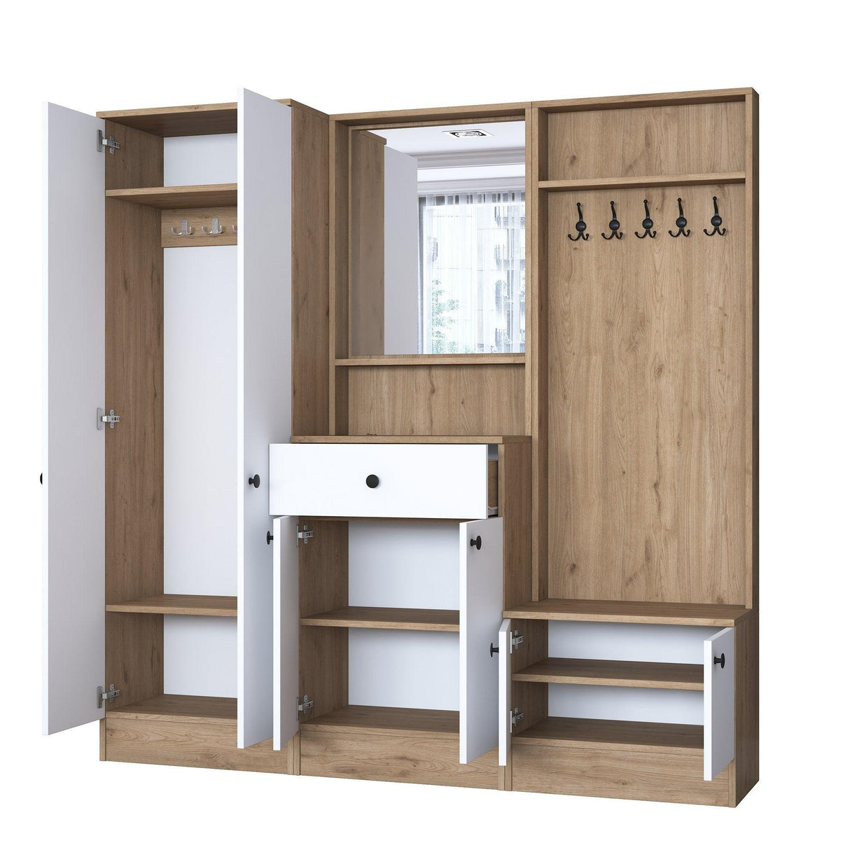 Cuier cu pantofar Muller cu oglinda si 6 usi si sertar, Alb, 180 x 183 x 38 cm