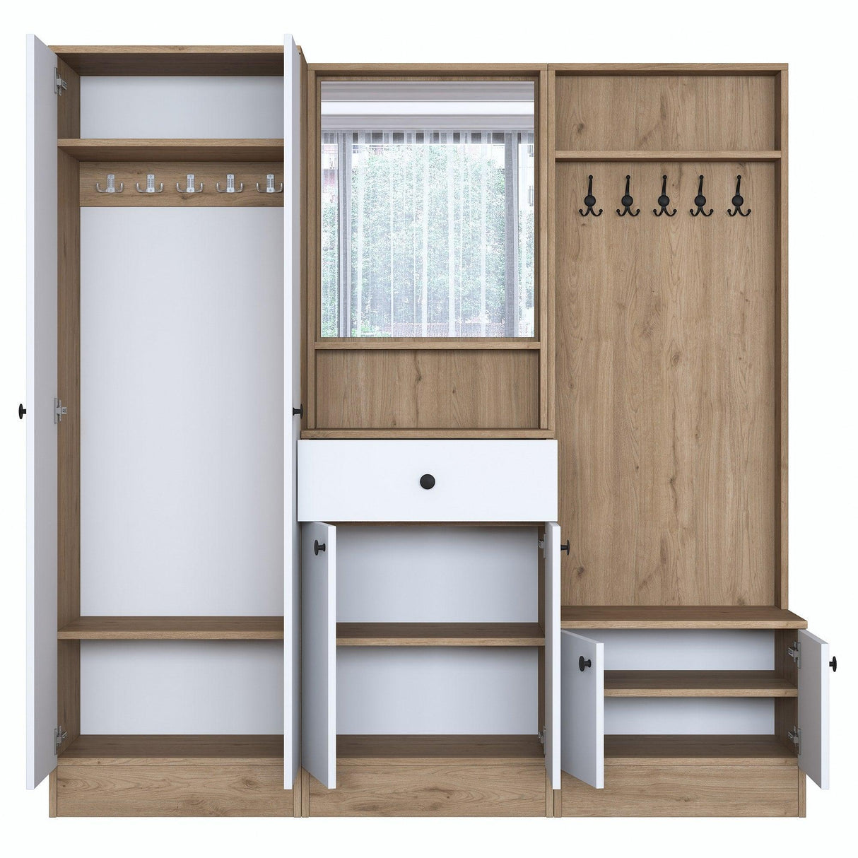 Cuier cu pantofar Muller cu oglinda si 6 usi si sertar, Alb, 180 x 183 x 38 cm