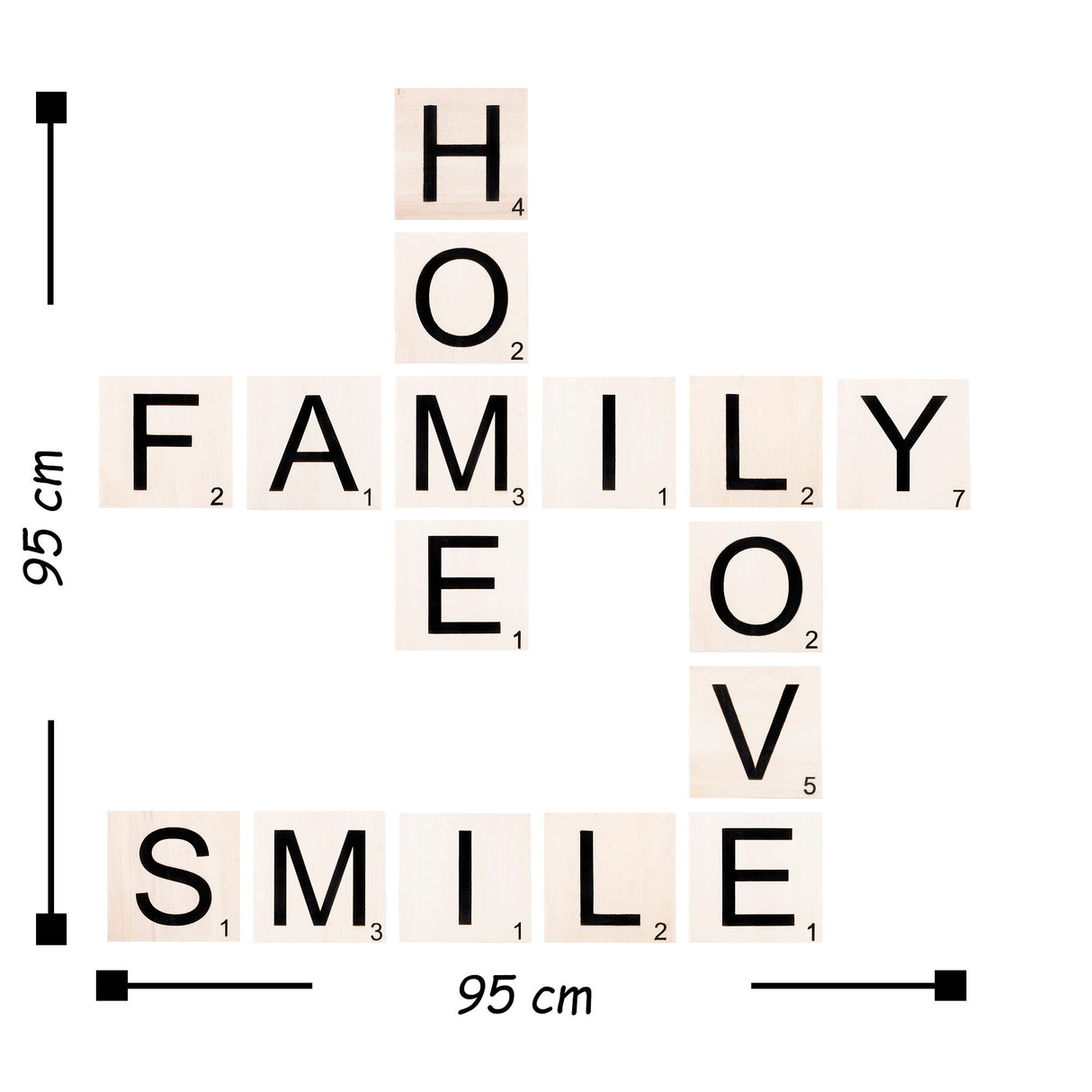 Decorațiune de perete din lemn Scrabble Set - 5, Negru - Alb, 95x95x2 cm