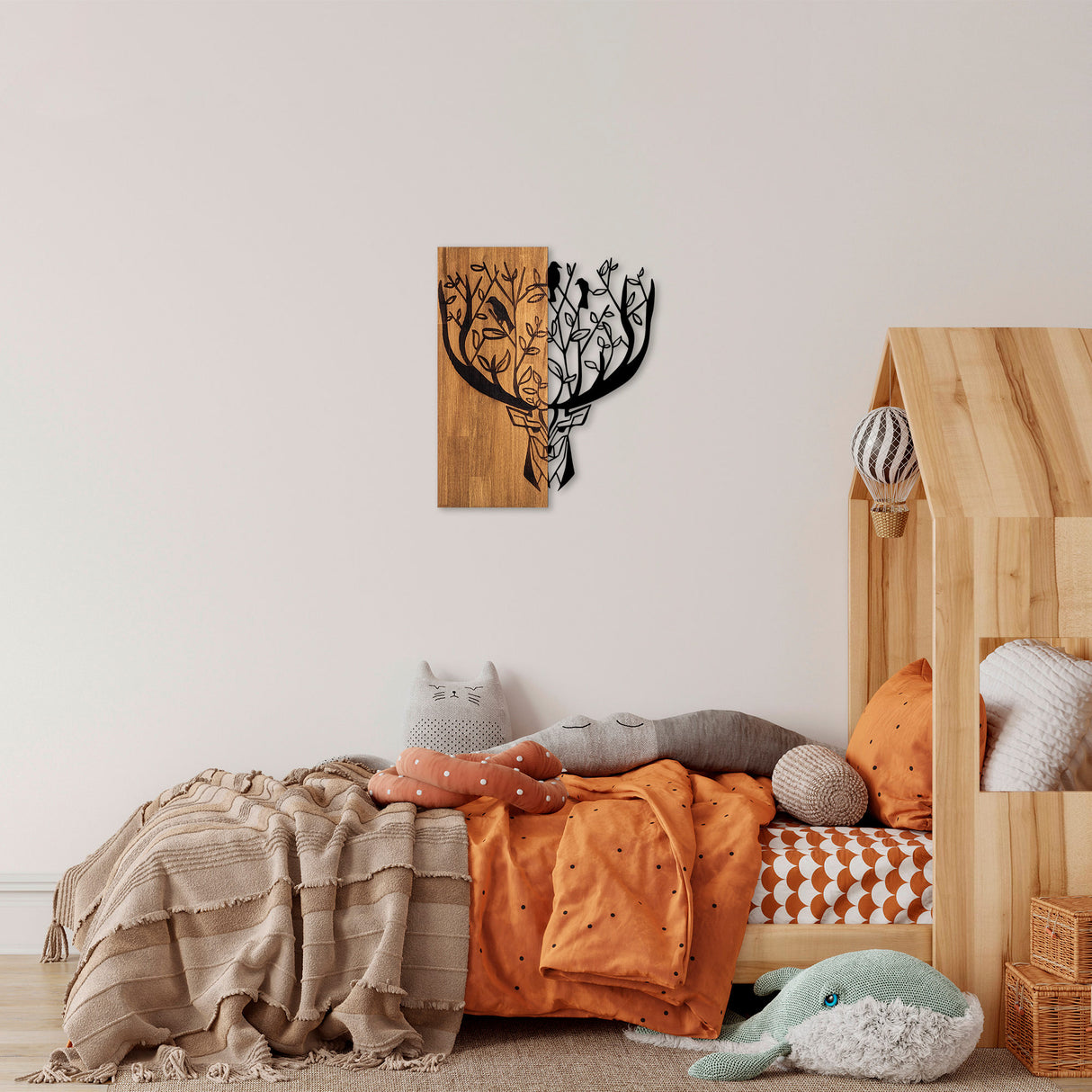 Decorațiune de perete din lemn Deer 1, Nuc - Negru, 49x58x3 cm
