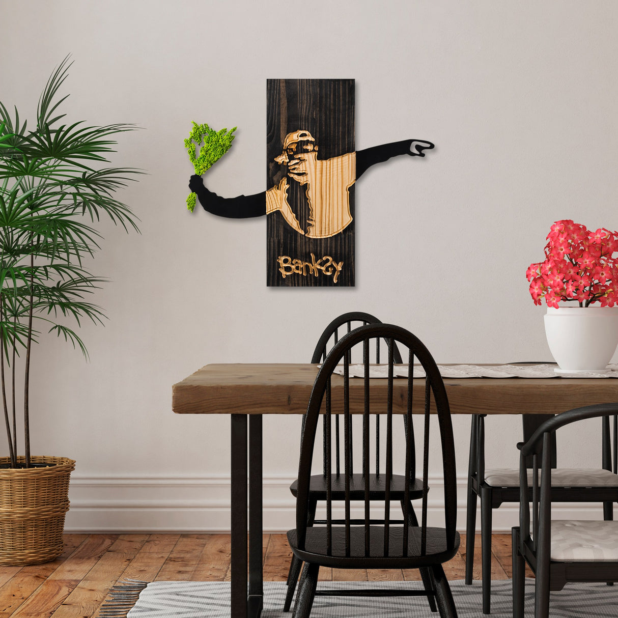 Decorațiune de perete din lemn Banksy - Flower Thrower 2, Negru - Nuc - Verde, 69x3x58 cm