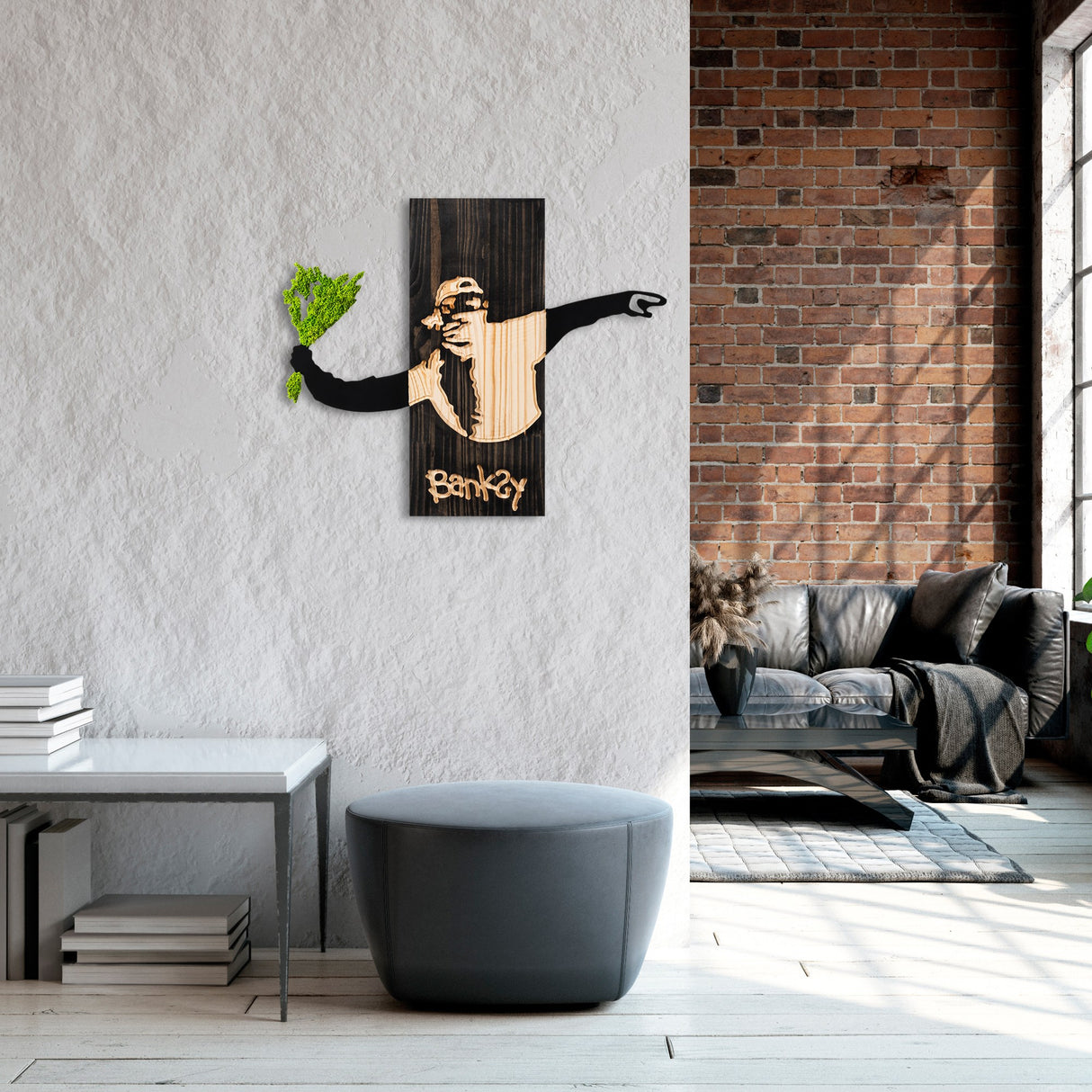 Decorațiune de perete din lemn Banksy - Flower Thrower 2, Negru - Nuc - Verde, 69x3x58 cm