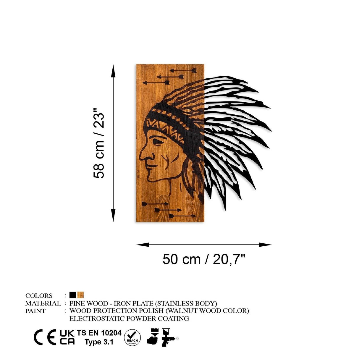 Decoratiune de perete lemn Apachi, Nuc, 50x58x3 cm