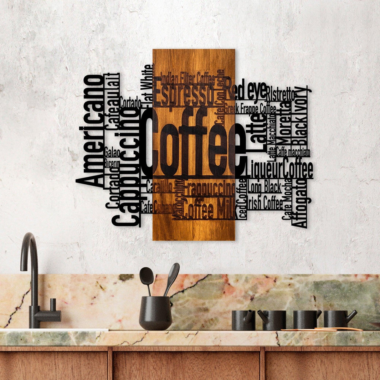Decoratiune de perete lemn Coffee Mixed, Nuc, 72x58x3 cm