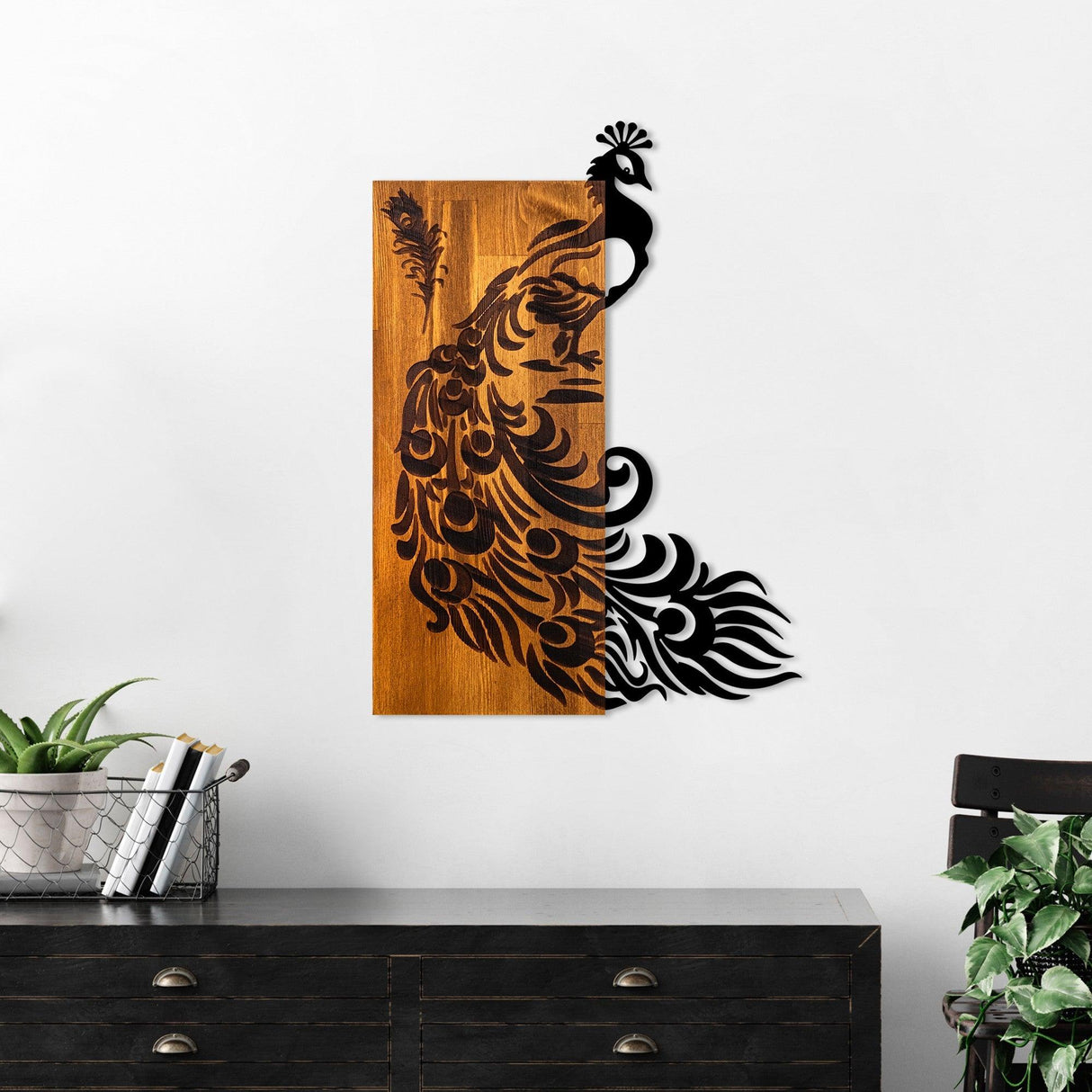 Decoratiune de perete lemn Peacock, Nuc, 47x65x3 cm