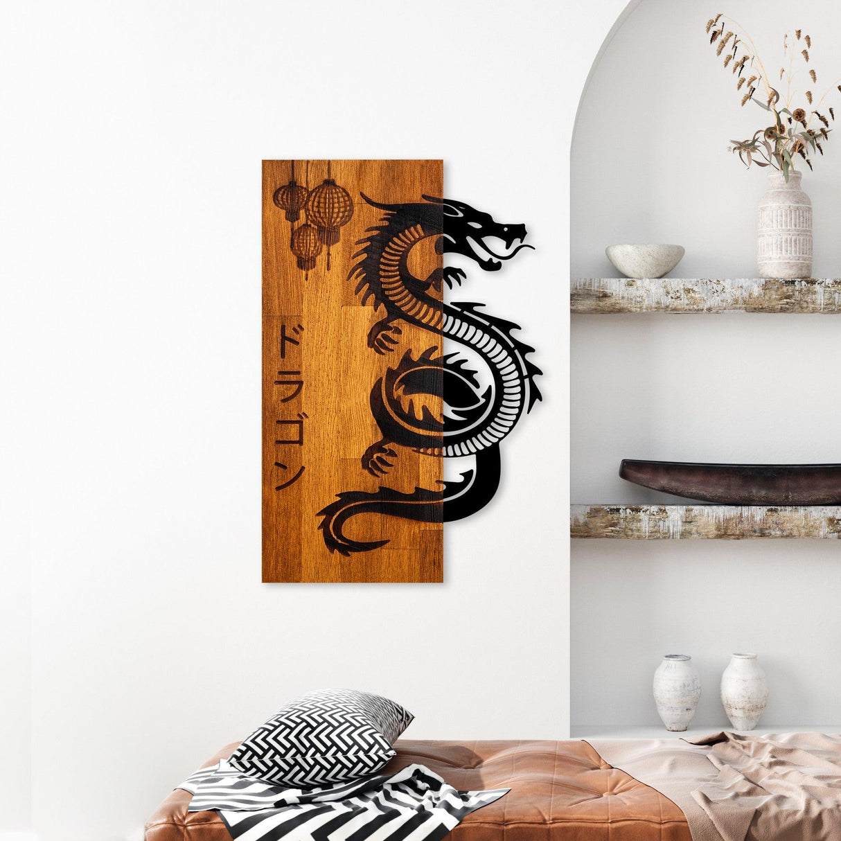 Decoratiune de perete lemn Dragon, Nuc, 40x58x3 cm