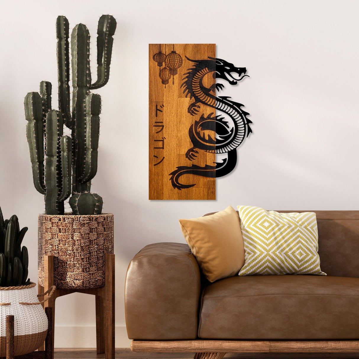 Decoratiune de perete lemn Dragon, Nuc, 40x58x3 cm