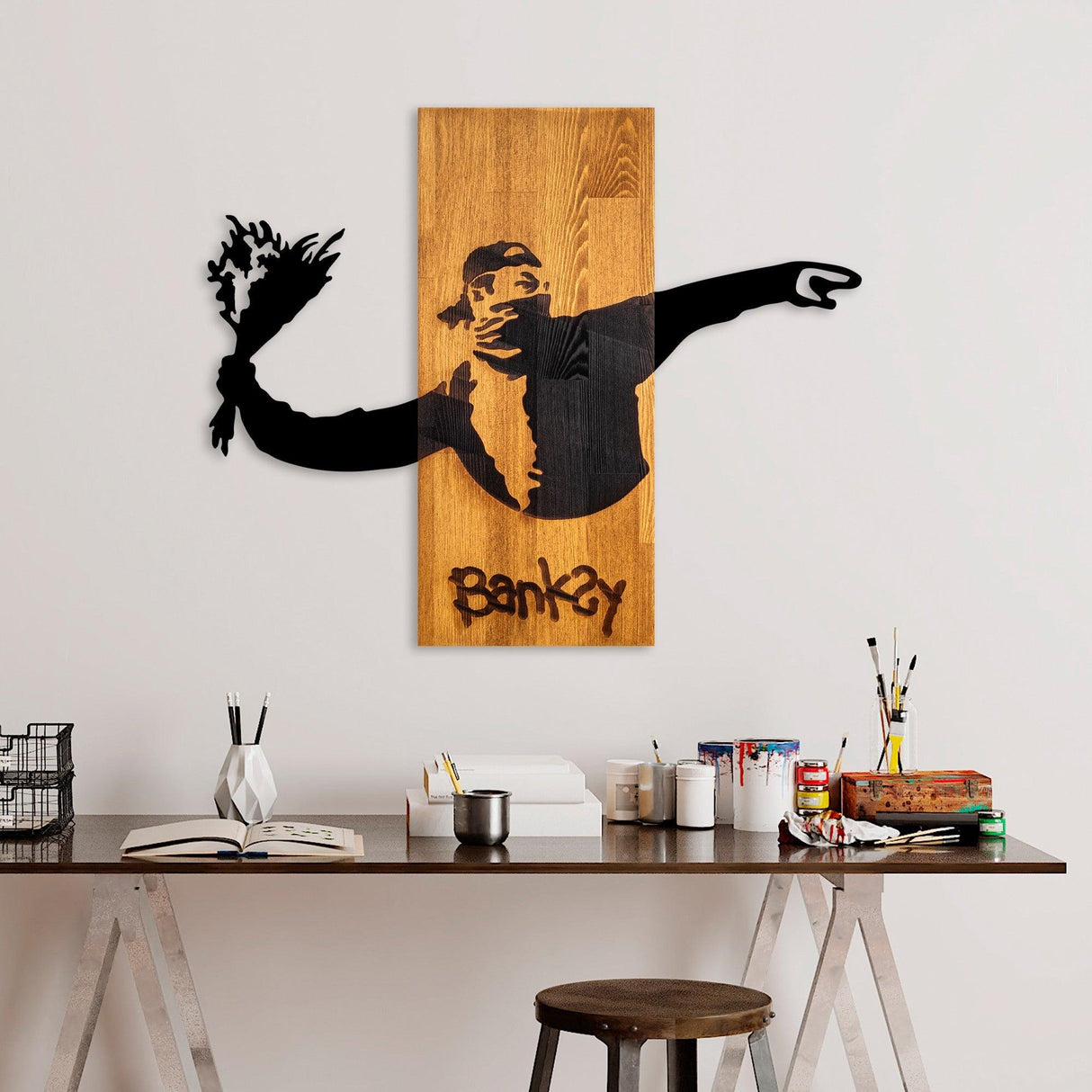 Decoratiune de perete lemn Decorative Wooden Wall Accessory Artistic 2, Nuc, 69x58x3 cm