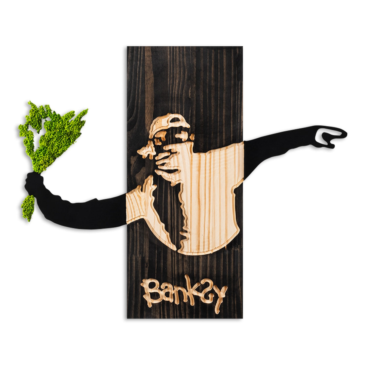 Decorațiune de perete din lemn Banksy - Flower Thrower 2, Negru - Nuc - Verde, 69x3x58 cm