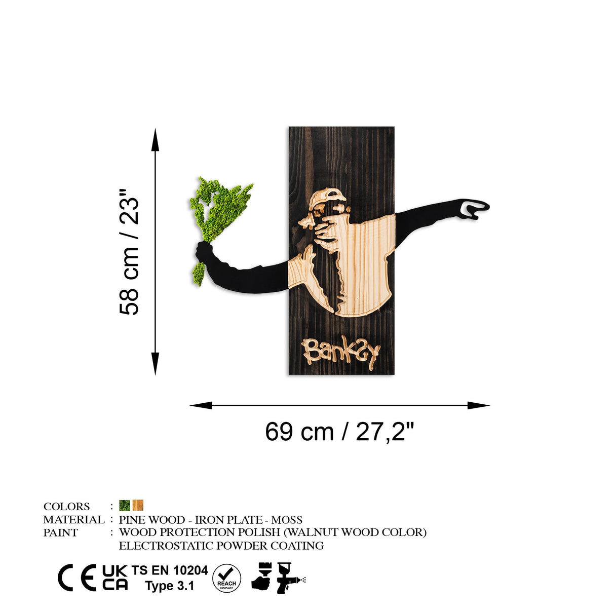 Decorațiune de perete din lemn Banksy - Flower Thrower 2, Negru - Nuc - Verde, 69x3x58 cm