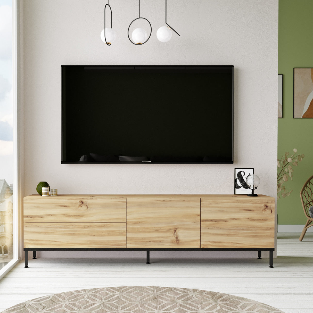 Comodă TV LV6-KL, Stejar - Negru, 170x36x46 cm