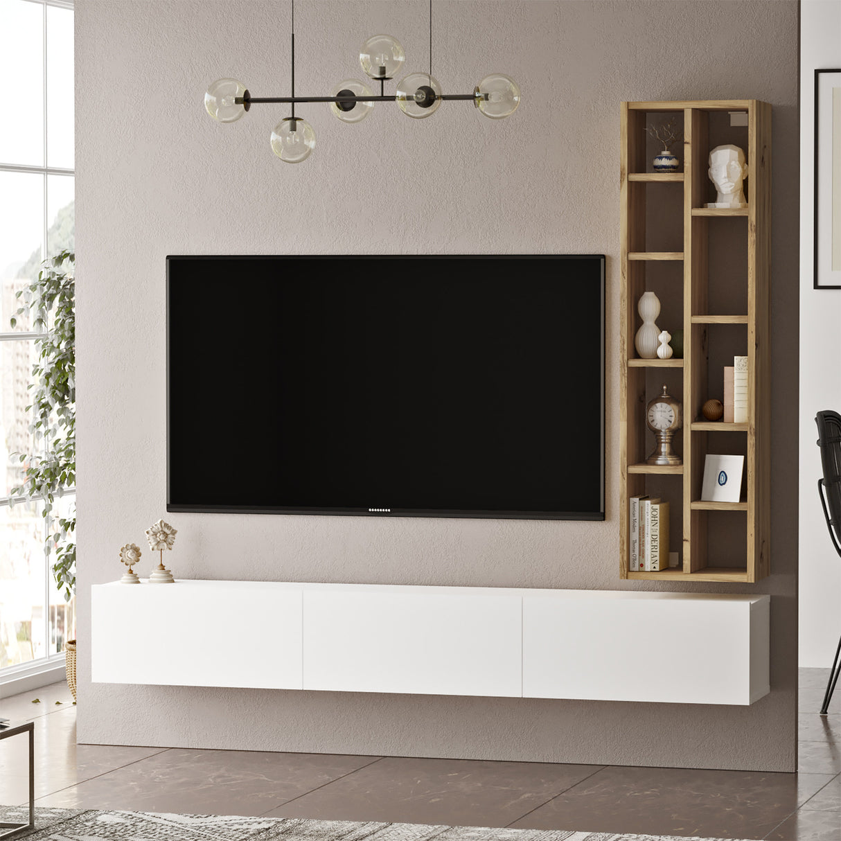 Comodă TV LV9-WK, Stejar - Alb, 175x27x25 cm