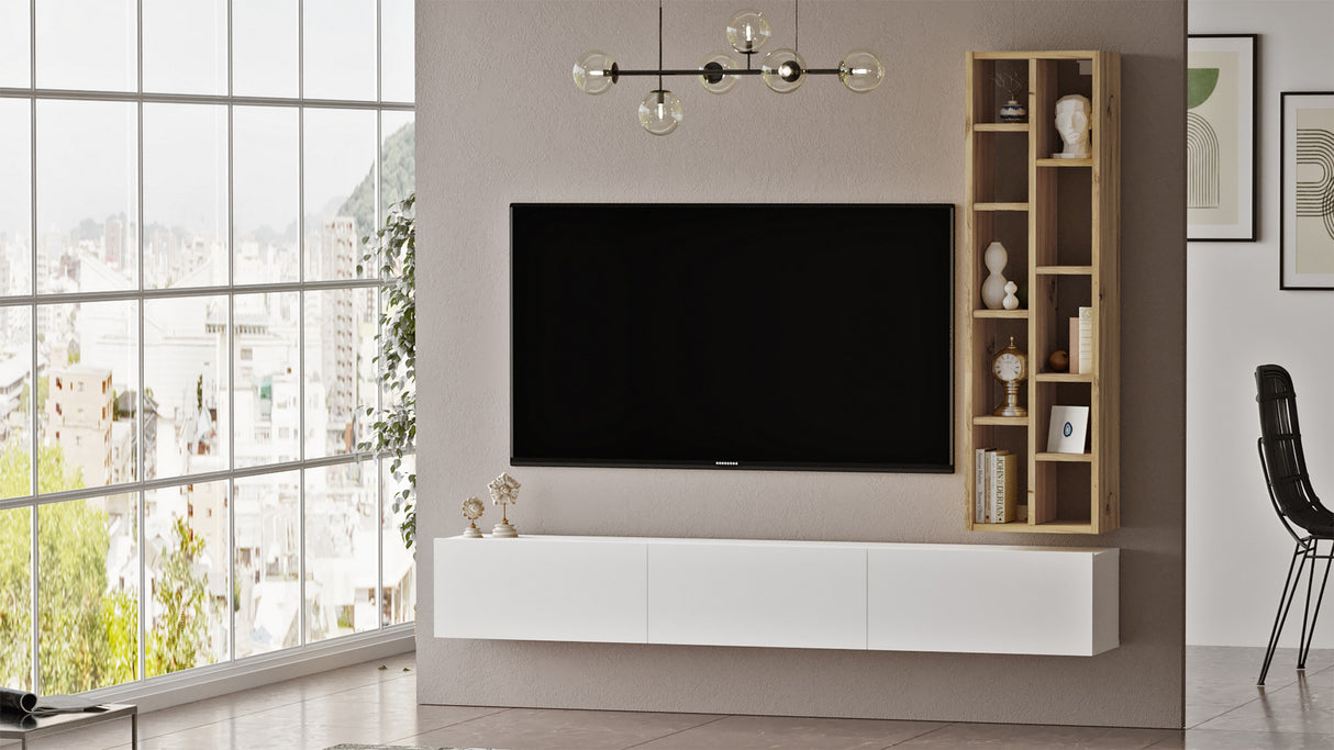 Comodă TV LV9-WK, Stejar - Alb, 175x27x25 cm