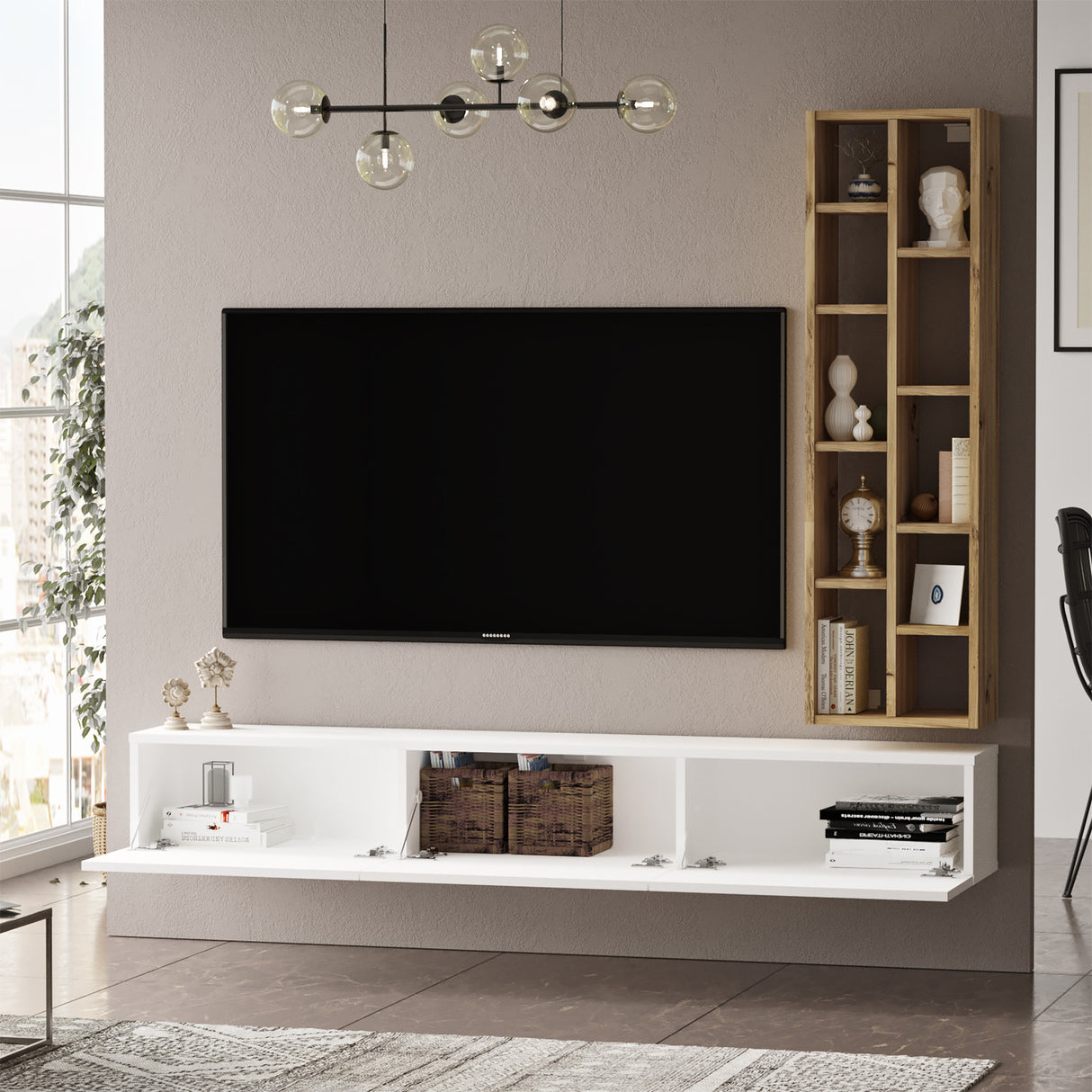 Comodă TV LV9-WK, Stejar - Alb, 175x27x25 cm