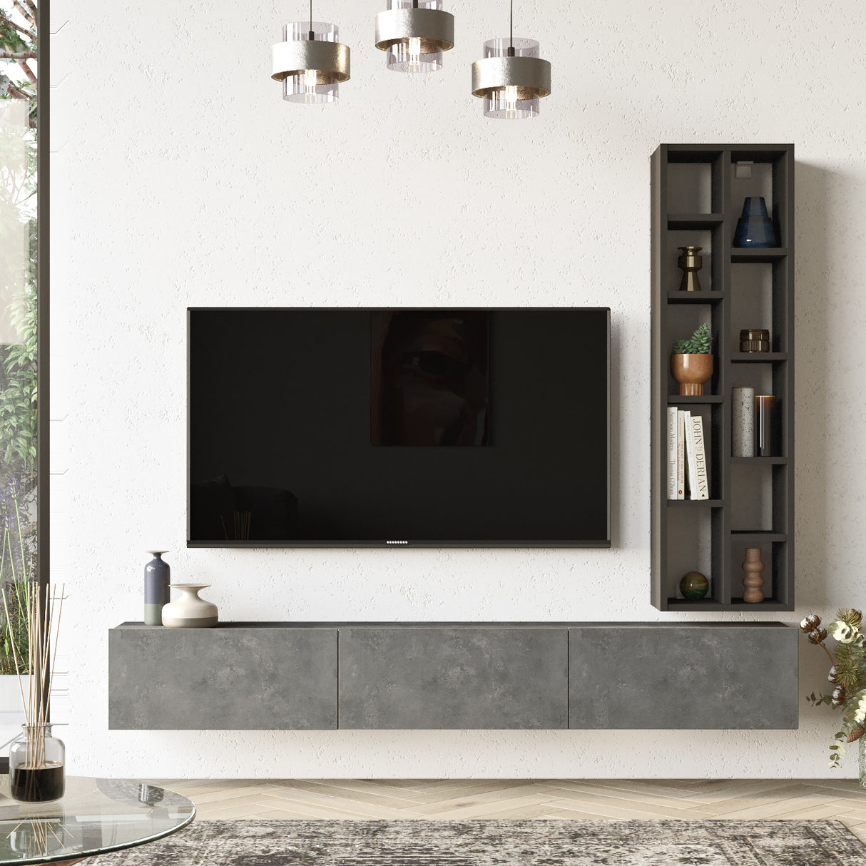 Comodă TV LV9-RL, Argintiu - Negru, 175x27x25 cm