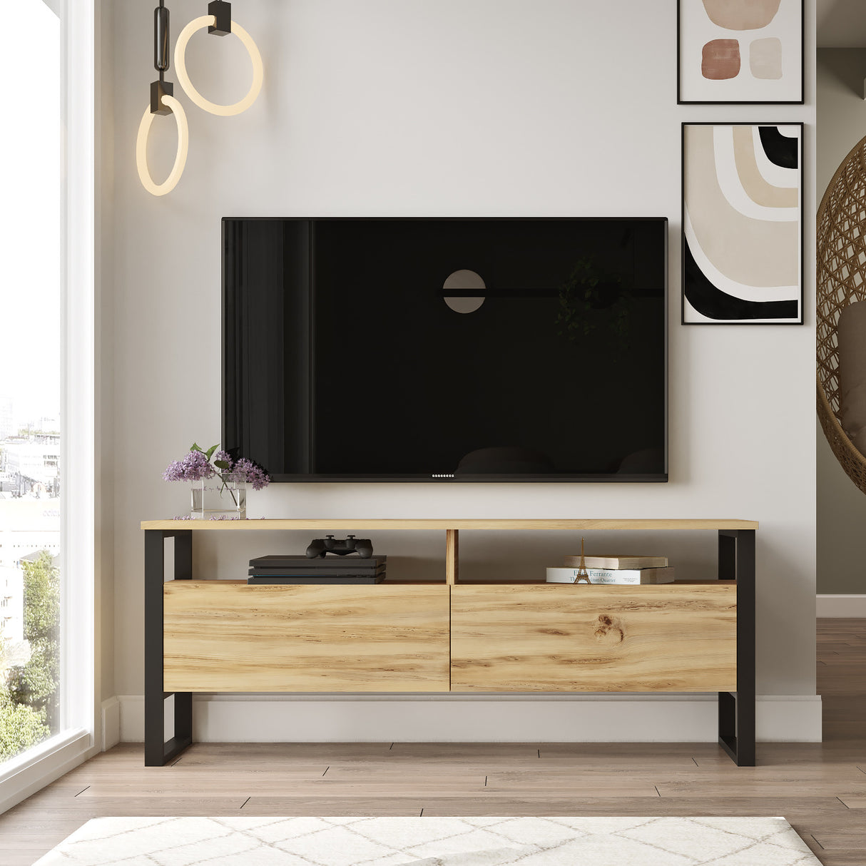 Comodă TV LV11-KE, Stejar - Negru, 140x36x56 cm